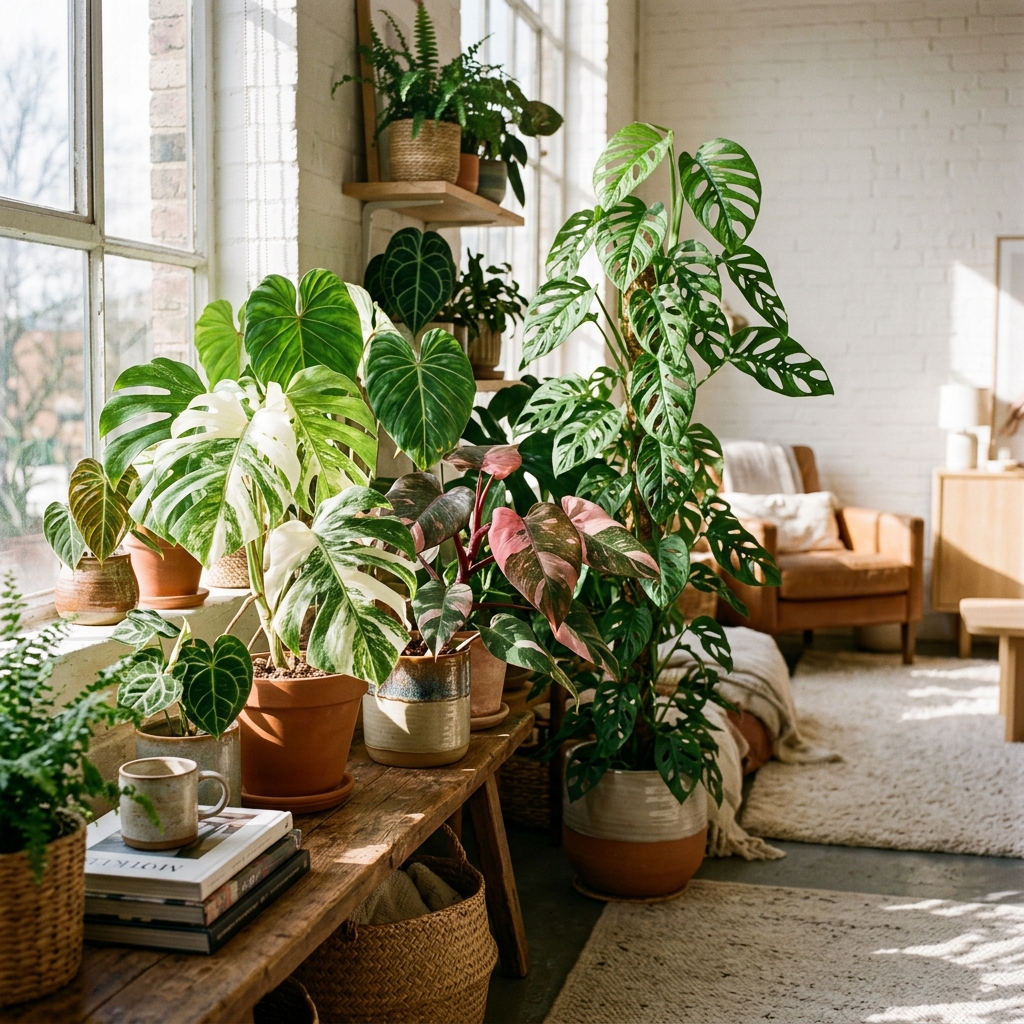 Lush well-lit indoor jungle corner with rare aroids