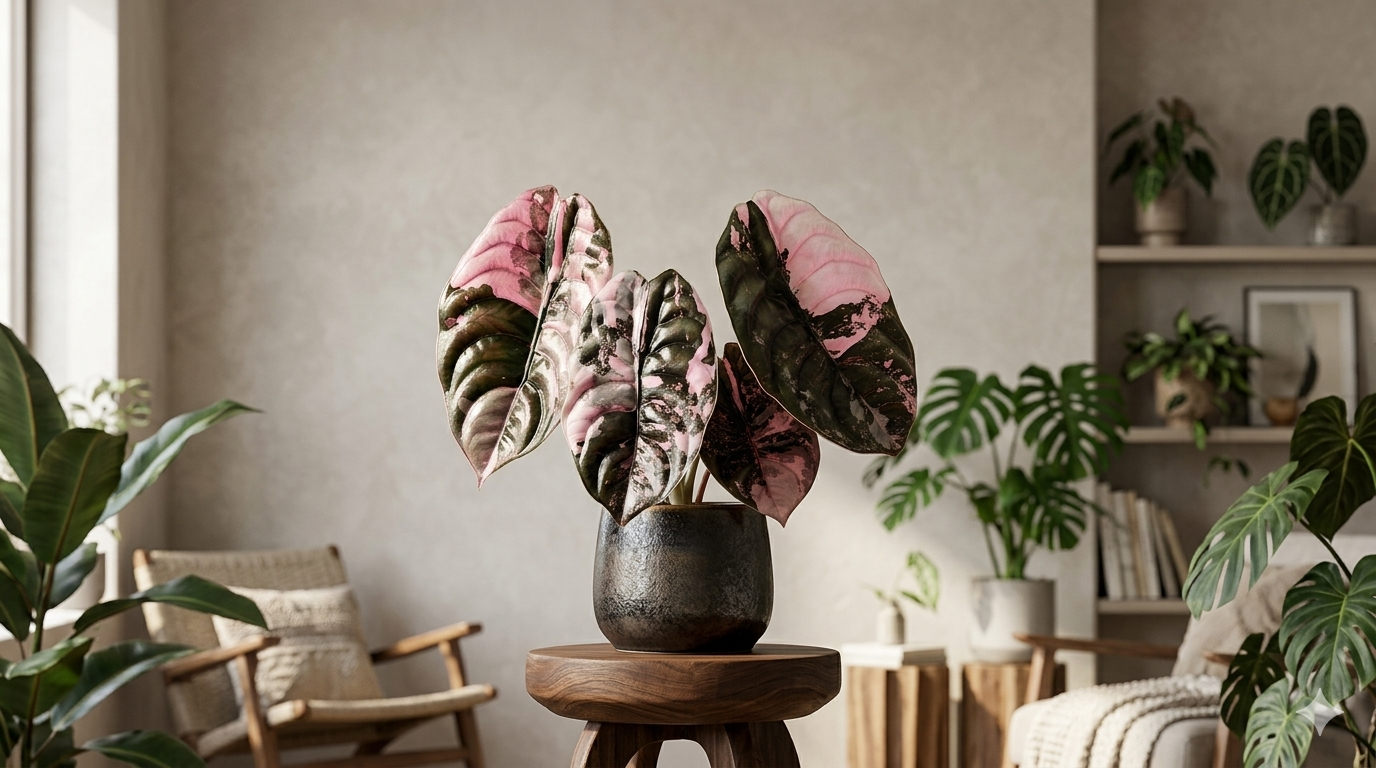 Pink variegated Alocasia in a modern indoor plant room